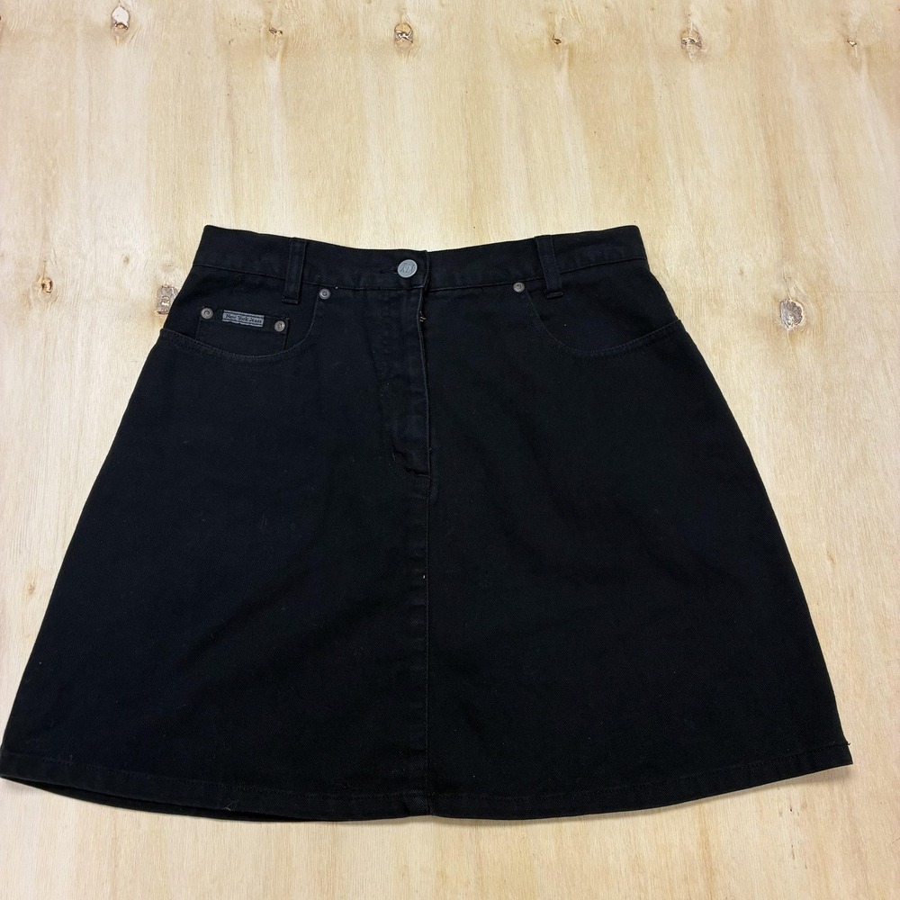 Vintage 90s Denim Mini Skirt NY Jeans Womens 10 Black Solid A-Line Short Micro